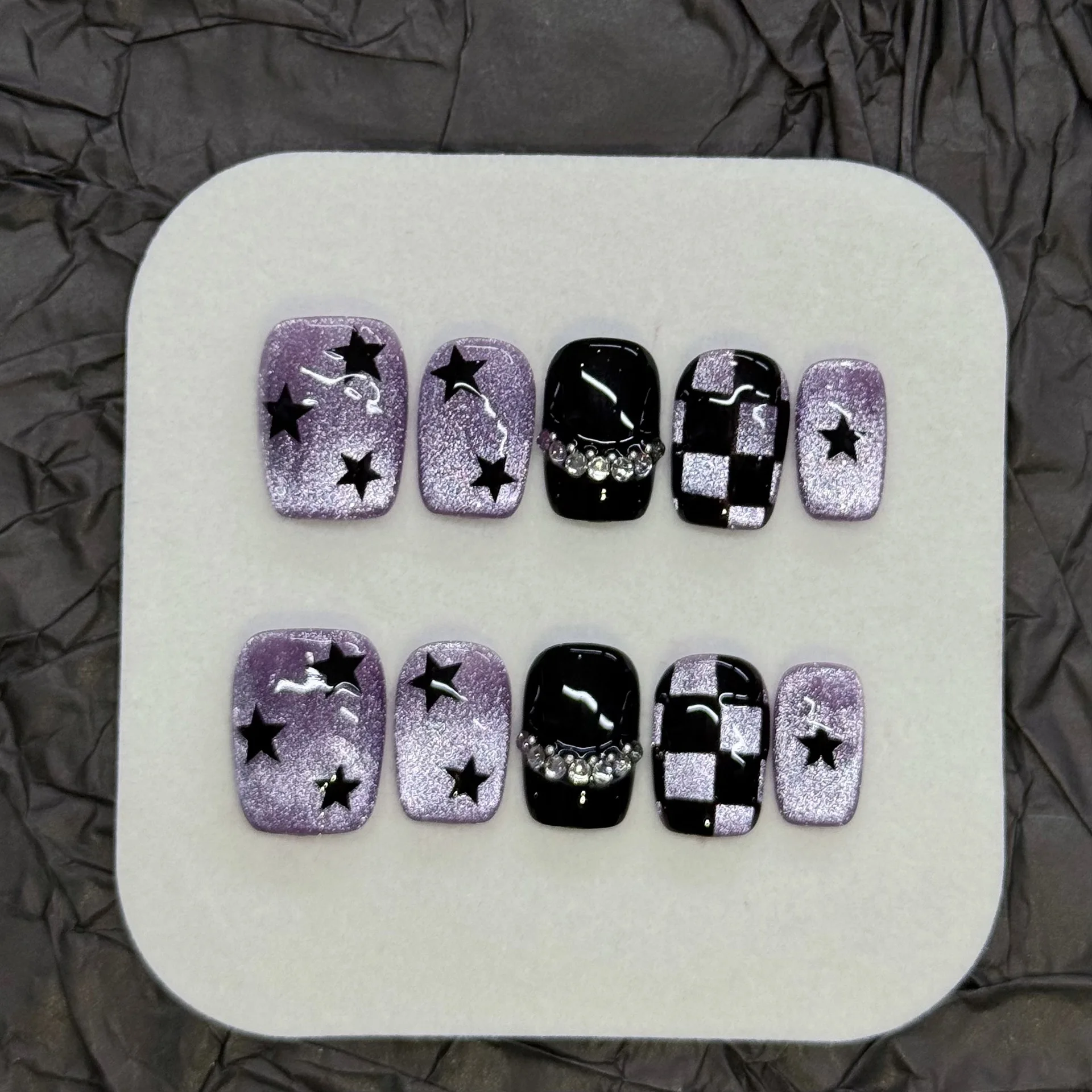 

10Pcs Purple Cat's Eye Glitter False Nails Handmade Star Checkerboard Sweet Cool Short Ballet Nail Tips Charming Press on Nails