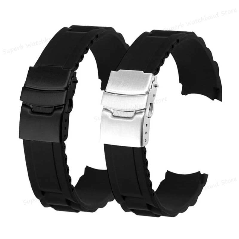 Universal Curved End Silicone Watch Band 16/18/20/22/24/26mm Soft Rubber Watch Strap Folding Buckle for Men Watch Replacement