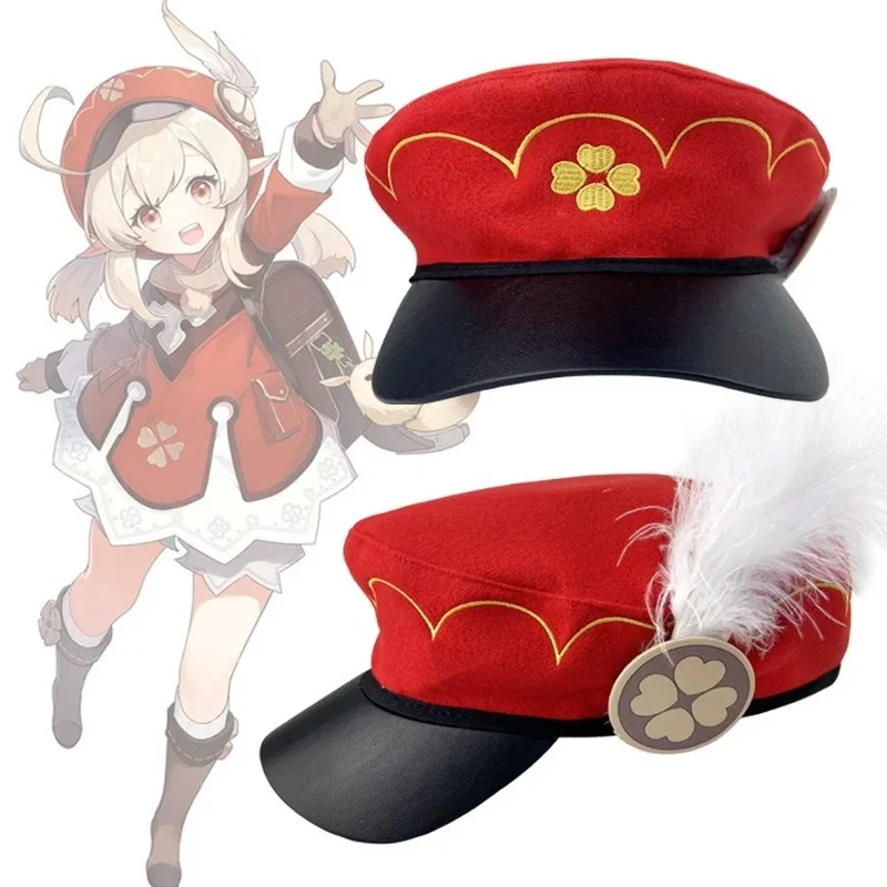 

Game Genshin Impact Klee Cosplay Cap Kawaii Unisex Adult Kids Embroidery Badge Feather Beret Cotton Hat Costume Accessories Gift