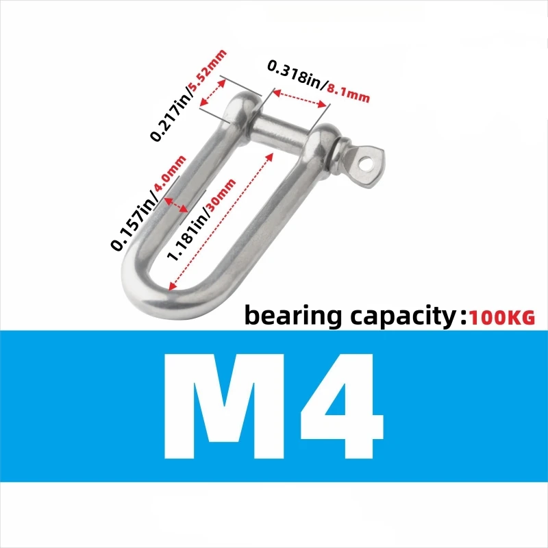 304 Stainless Steel Long D Shackle Load Clamp M4 M5 M6 M8 M10 for Chains Wirerope Lifting Paracord Outdoor Camping Survival Rope