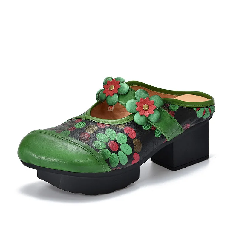 

5.5cm Cow Genuine Leather Women Summer Sandals Shoes Hollow Slip on Rubber Chunky Heels Elthnic Appliques Slipper Loafer Pumps