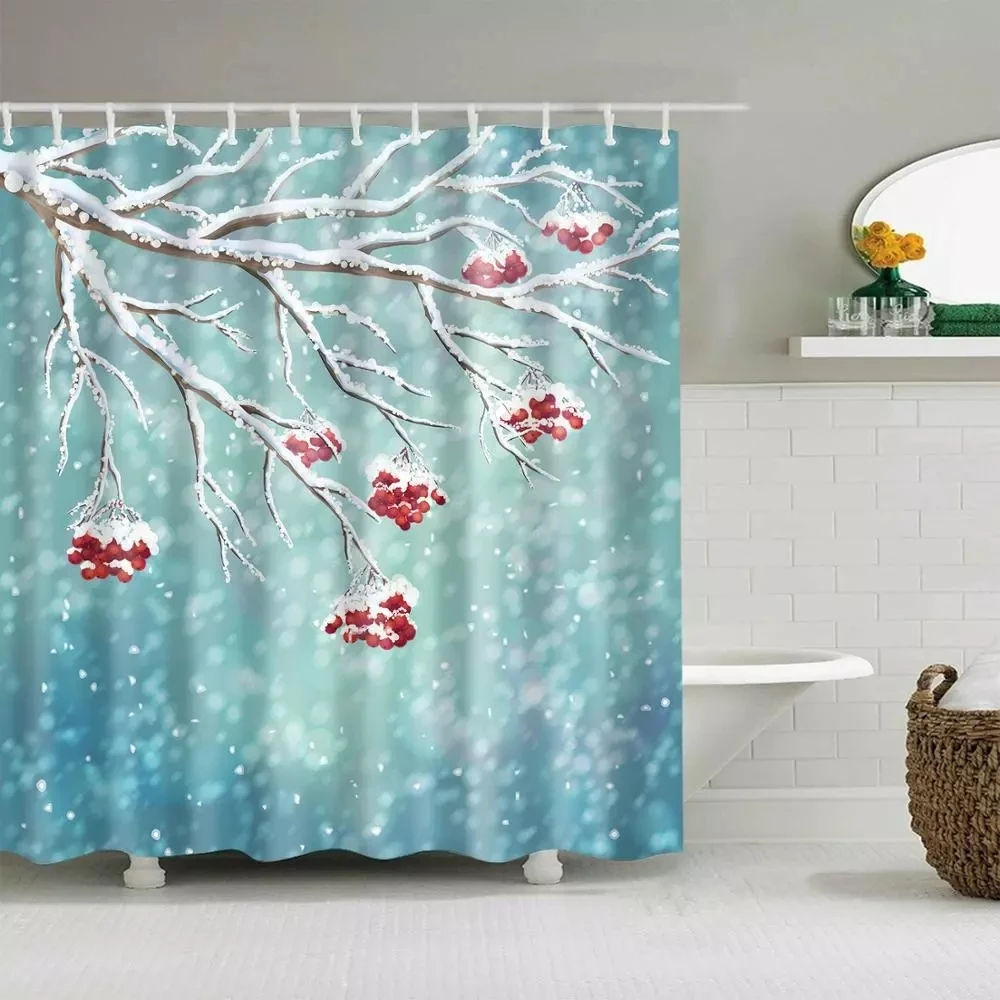 New Winter Forest Shower Curtain for Bathroom Winter Forest Snowy Mountain Snow Scene with Pine Tree Bathroom Decor Curtains