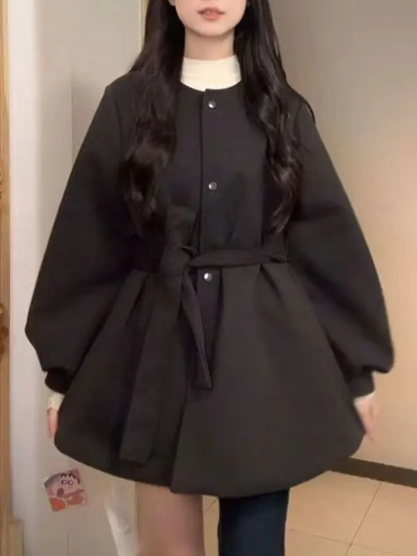 2026 Autumn Winter Black Woolen Coat Women's Hepburn Style Belted Waist Slimming Lantern Sleeve Jacket Small Size