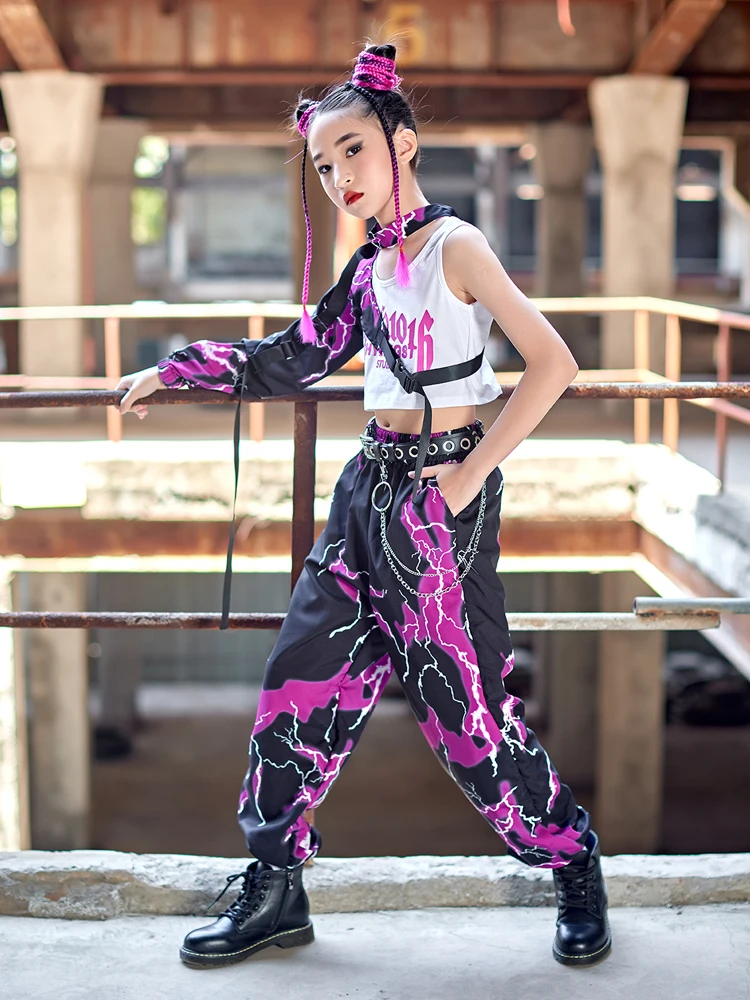 New Girls Jazz Dance Costume One-Sleeve Suit Navel Loose Hip Hop Clothing Children Concert Street Dance Performance Wear BL8186