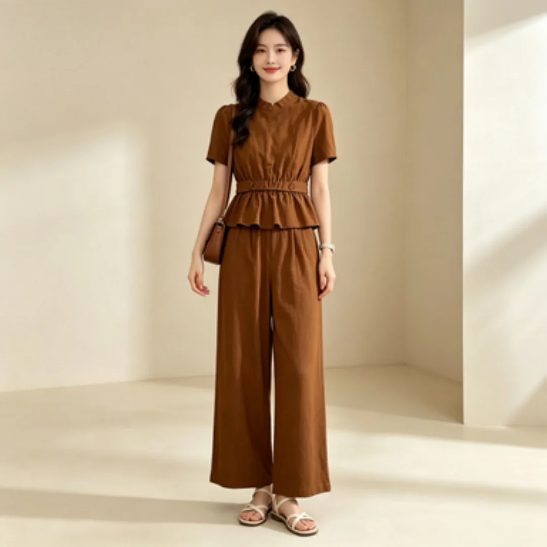 Women Stand Collar 2 Piece Outfit Wide Leg Trousers