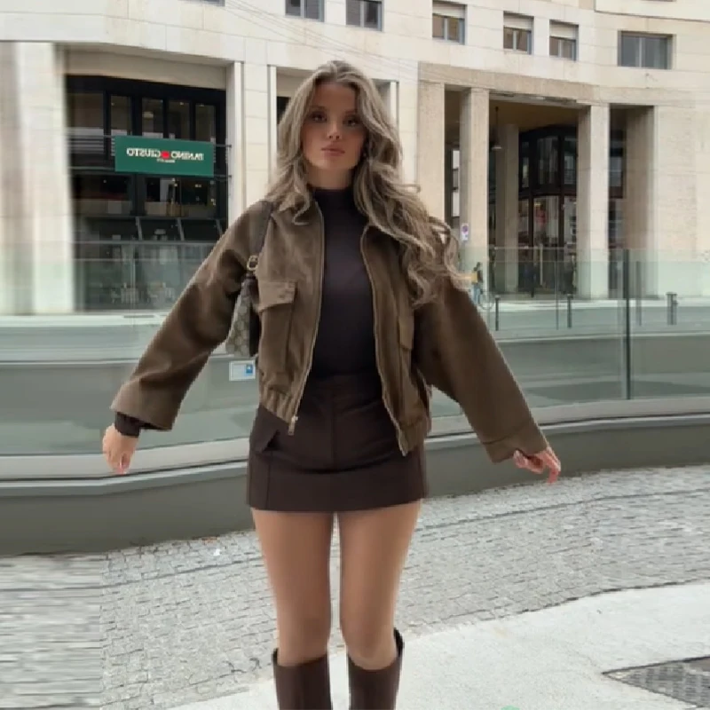 

Винтажная короткая замшевая женская куртка с шикарными лацканами и длинными рукавами, карманами на молнии, укороченное пальто, осень 202, женская верхняя одежда для уличных поездок