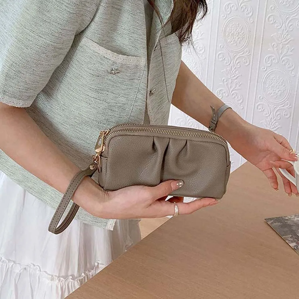 PU Leather Long Zip Wrist Bag Pleated Large Capacity Versatile Lady Wallet Handbag Waterproof Female Phone Purse Travel