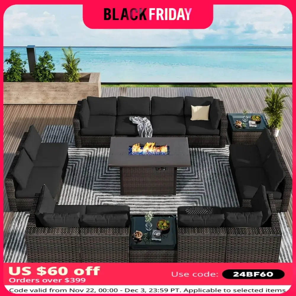 15 Pieces Patio Furniture Set with Fire Pit Table, Sectional Couch with All-Weather No-Slip Cushions and Waterproof Covers