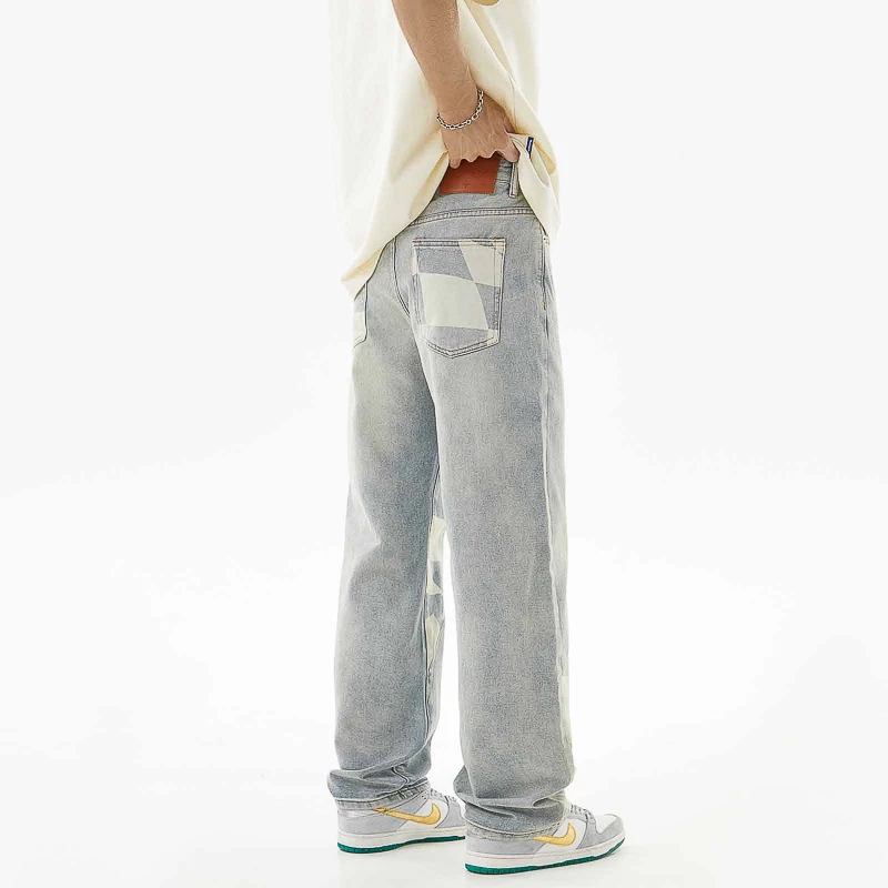 Jeans con cuciture da uomo American Street Fashion stile Hip Hop sciolto dritto gioventù moda coreana bei pantaloni