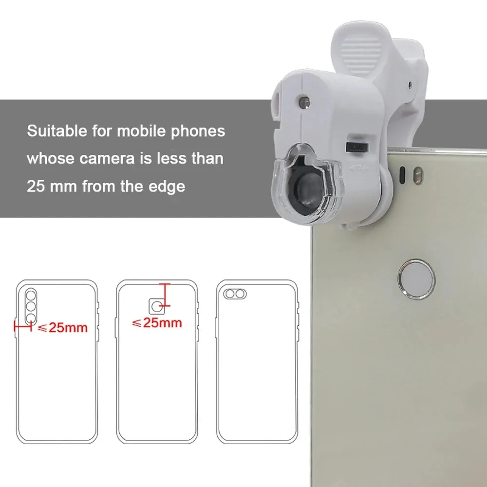 60X LED Jewelry Magnifying Glass Focusing Adjusted Pocket Microscope With Cell Phone Clip UV Light Universal Clip Microscope