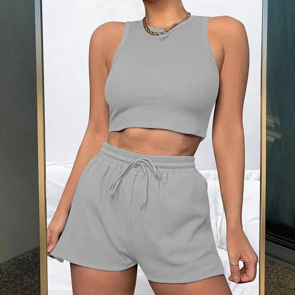 

Women Crop Top Shorts Set Women's Crop Top High Waist Shorts Set with Drawstring Elastic Waist Breathable Stretchy for Active