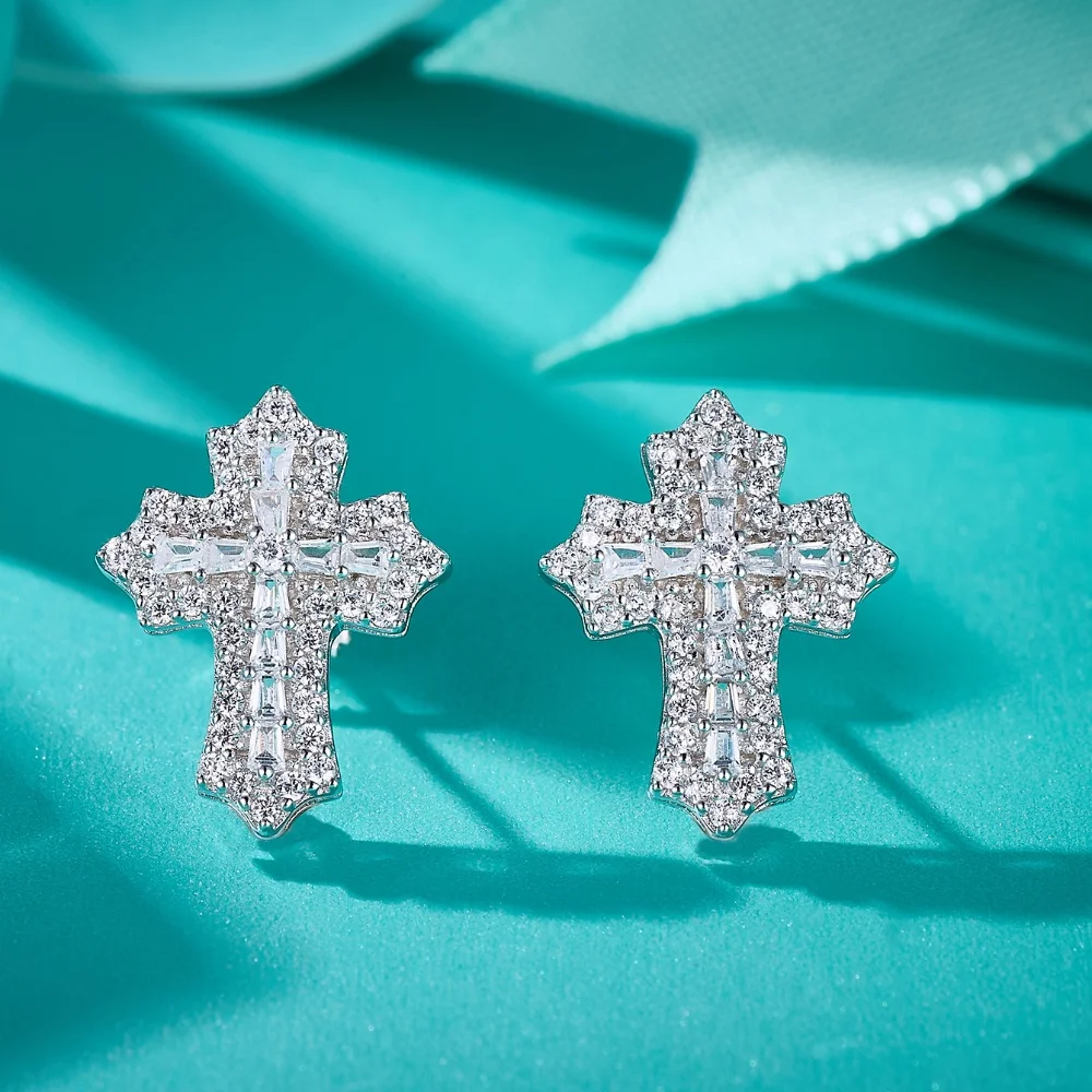 Cross Ear Studs Moissanite Full Cut 100% for Women And Men S925 Sterling Silver Fine Jewelry GRA Quality