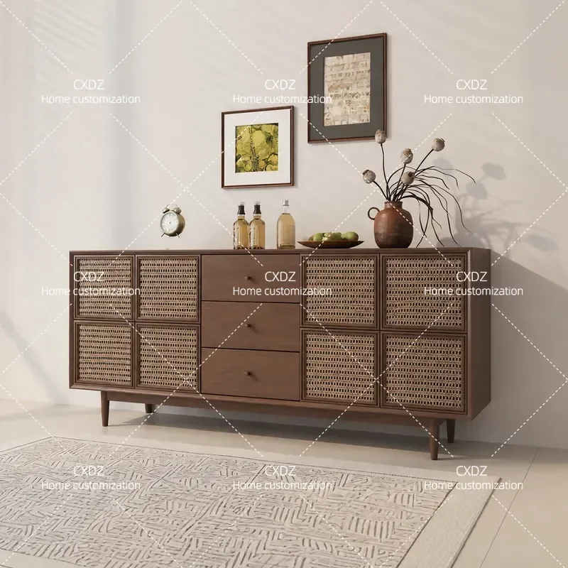 New Chinese Style Dining Side Cabinet Wabi Sabi Living Room Entrance Decorative Cabinet Rattan Woven Ash Wood Storage Unit