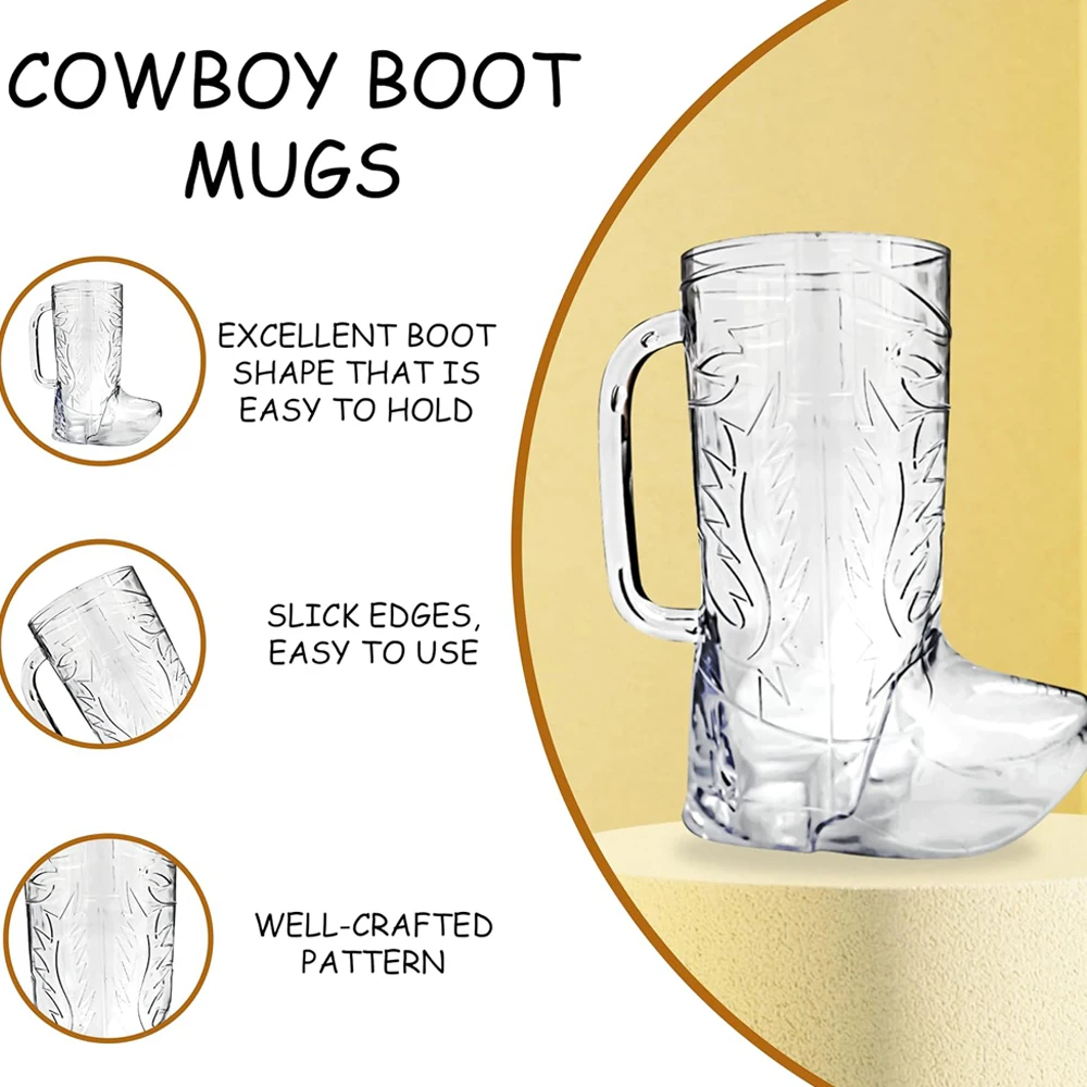 Novelty Cowboy Boot Mug Cups 17 oz Reusable Hard Plastic, BPA Free - for Cowboy Themed Party Supplies, Western Accessories