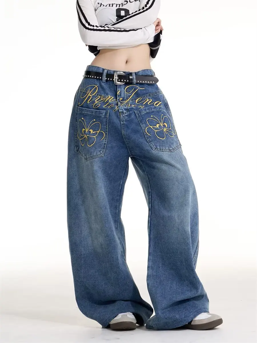 

American pocket embroidered butterfly jeans women's retro multifunctional heavyweight letter Y2K design niche wide leg denim