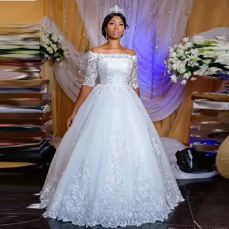 Customized  Off The Shoulder Appliqued Lace Plus Size  Puffy Cheap Wedding Dresses Corset Back Half Sleeves Bridal Gown