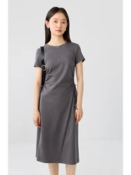 ZIQIAO Pleated Summer Long Dress Versatile Casual Women Dress 2024 New Design Short-Sleeved Grey Green Female Dress 24ZQ92095