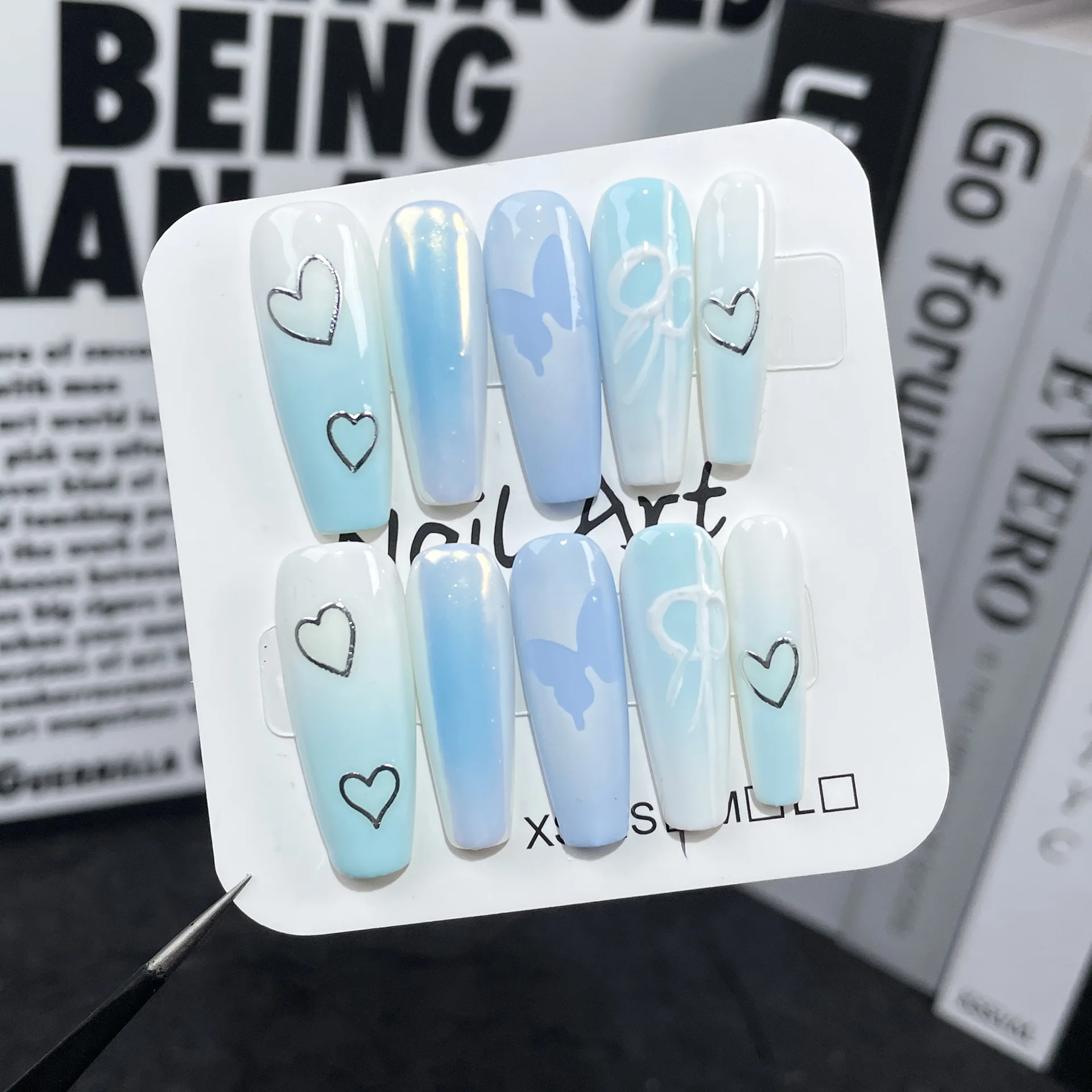 Sky Blue Gradient Aurora Cute Sexy Press On Nails Handmade Hollowed Out Love Sweet Cute Long False Nail Patches Removable