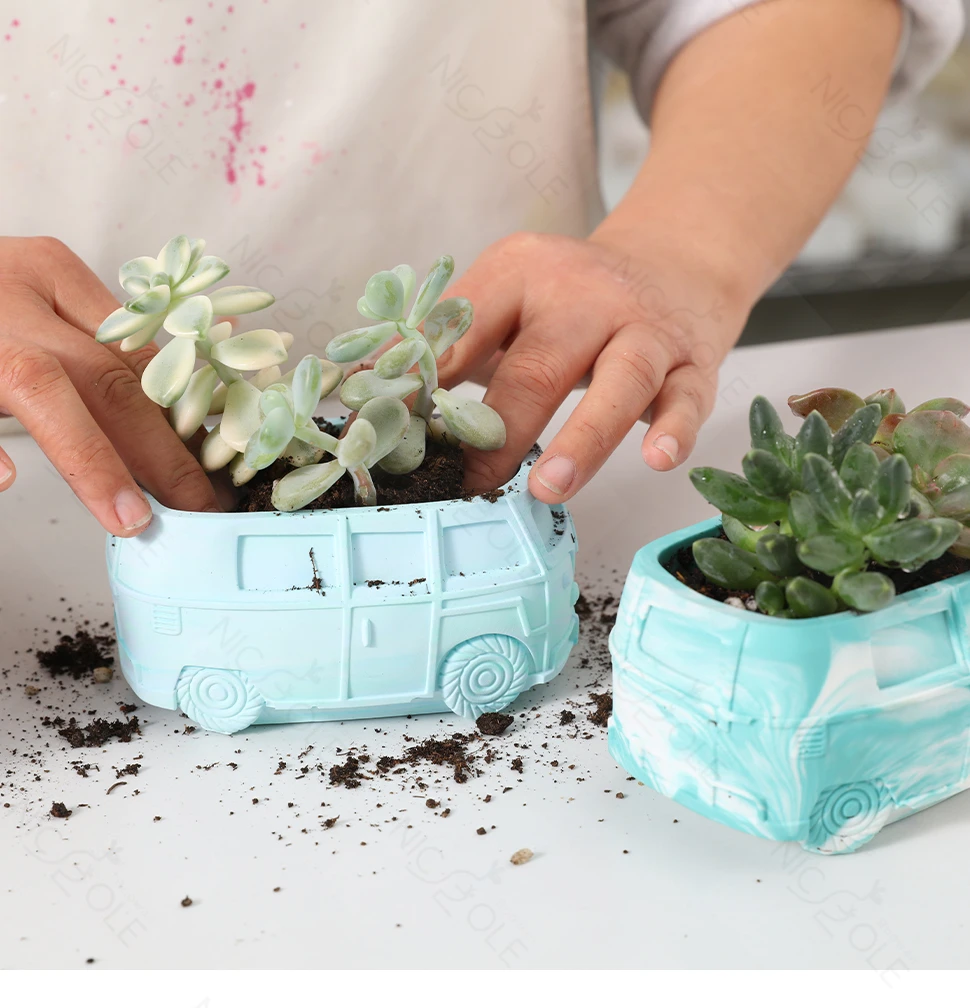 Van Bus Flower Pot Mould DIY Epoxy Resin Cement Gypsum Pouring Flower Pot Making Silicone Mould Home Garden Decoration Crafts