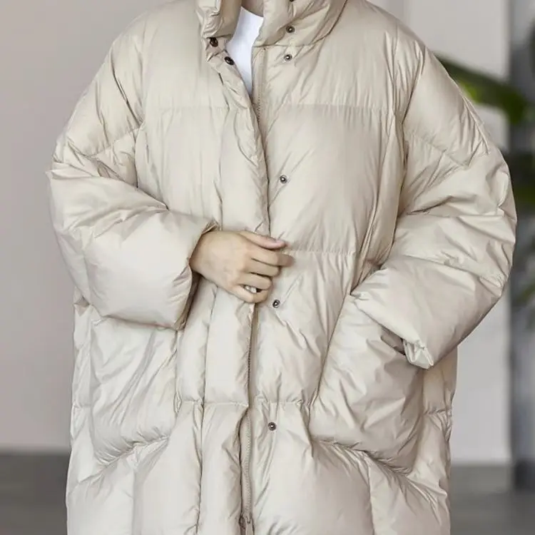 Winter New European Large Down Coat Women Standing Neck Mid Length Thickened Loose Fit Warm Casual White Duck Down Coat