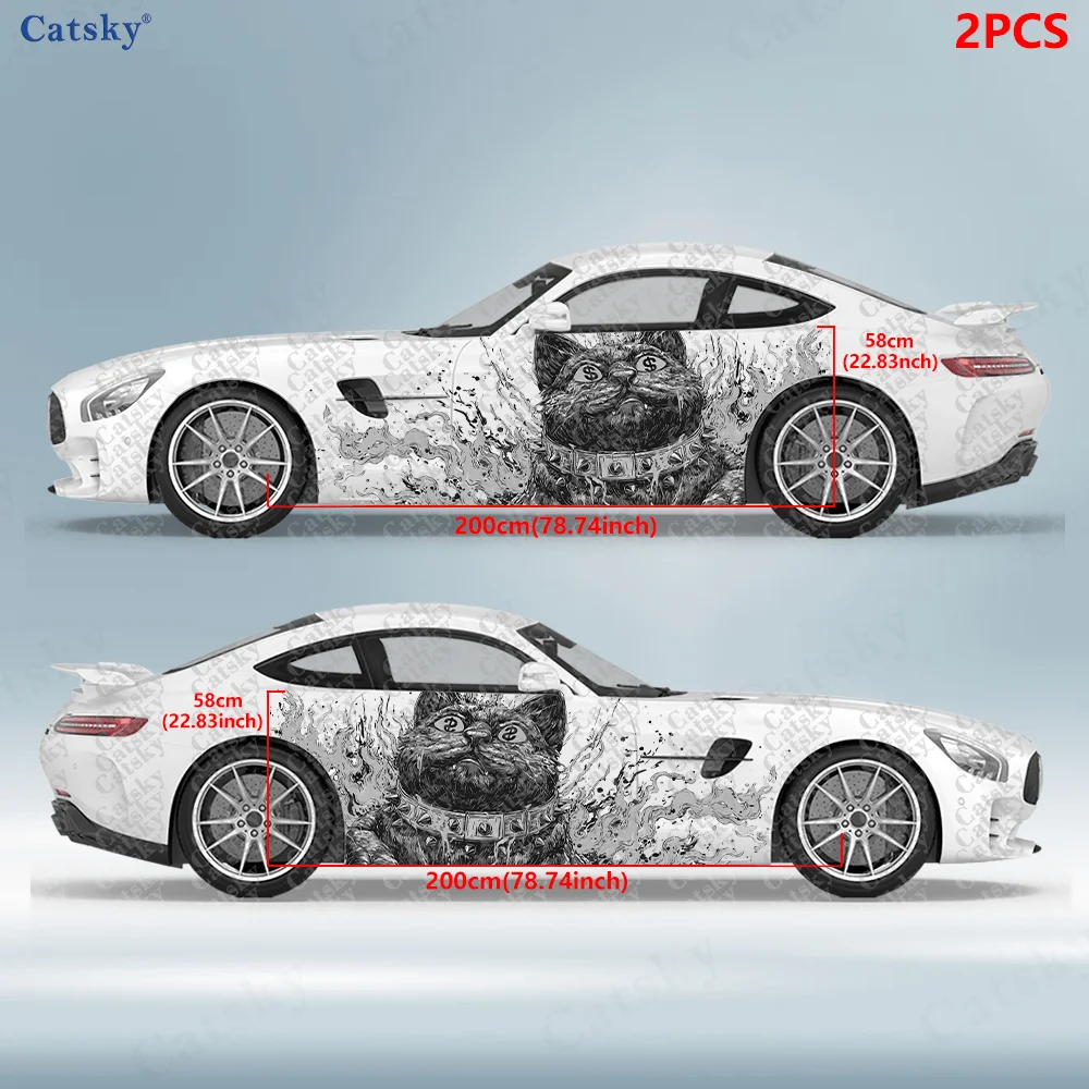 2pcs Flame Line Lucky Cat Sticker, Durable, Fade-resistant, Enhance The Beauty of Your Vehicle Bold Art Design Car Vinyl Wraps