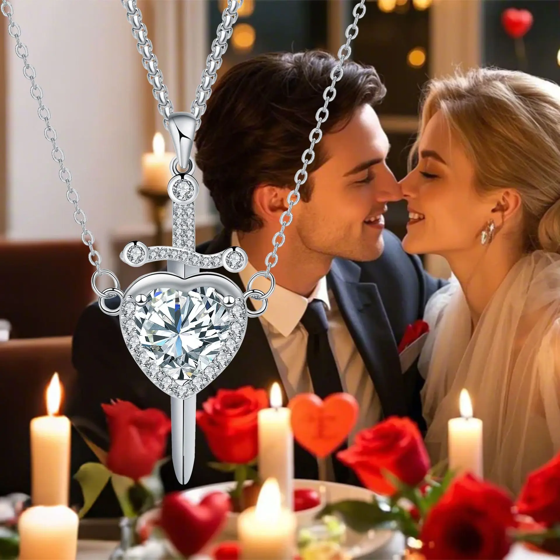 

Fashion Creative Arrow through Heart Pendant Couple Neck Chain Copper Inlaid Zirconium Love Cross Sword Set Unique Couple Gift