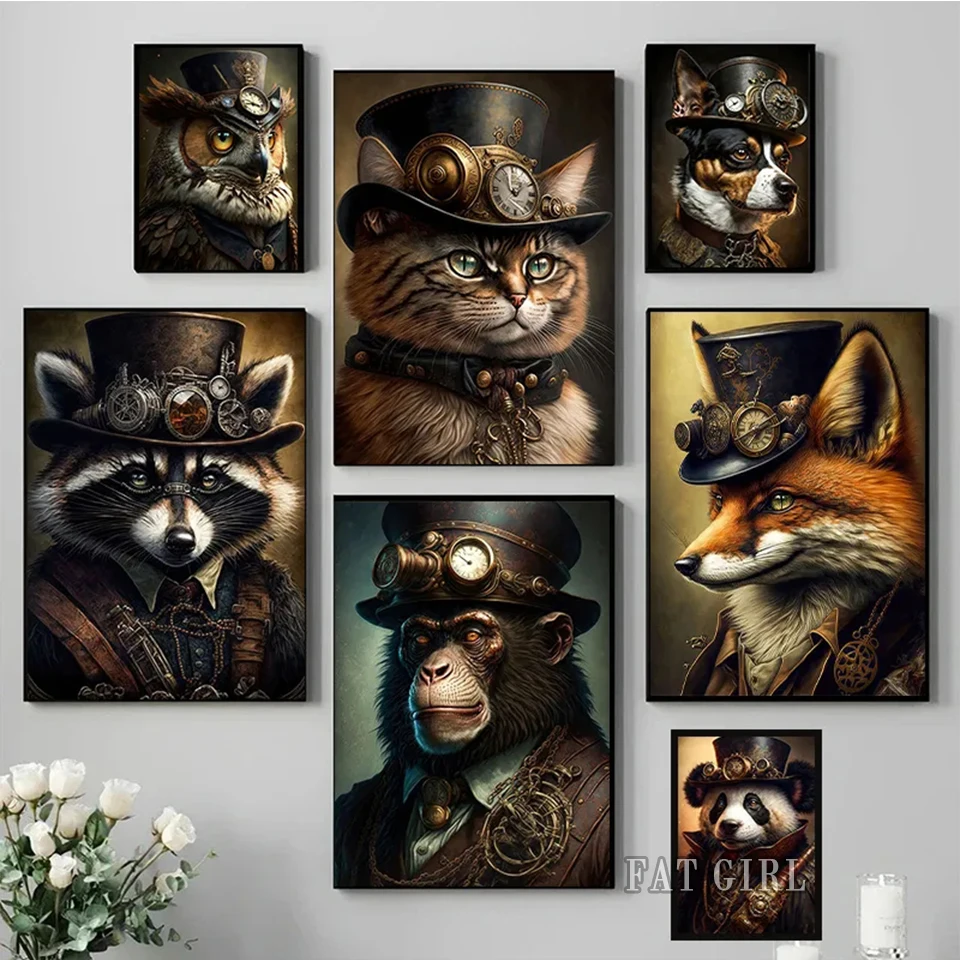 Full Round Drill Diamond Painting Vintage Owl Cat Raccoon Ape Steampunk Animal Portrait Diamond Embroidery Mosaic Art Home Decor