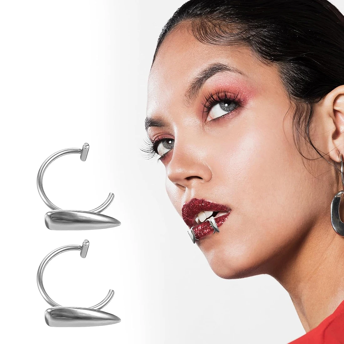 1Pair Stainless Steel Vampire Fake Lip Ring Adjustable Non-piercing Wolf Teeth Punk Halloween C-Shape Lip Ear Cuff For Men Women