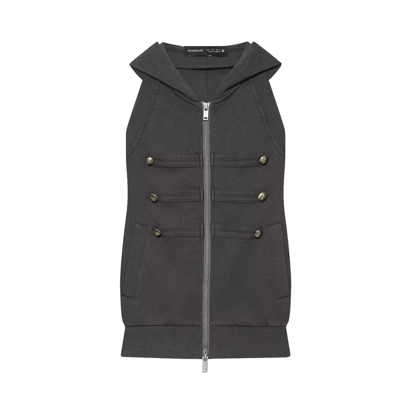 Guobioziy 2026 Women's New Trendy Retro Gold Buckle Hooded Sleeveless Sweatshirt Jacket Stylish and Elegant