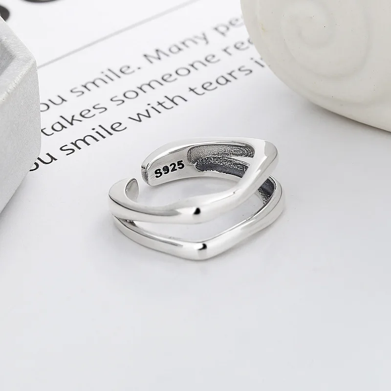 S925 Sterling Silver Double-layered Open-end Rings with Irregular Geometric Lines design for Women's Gift