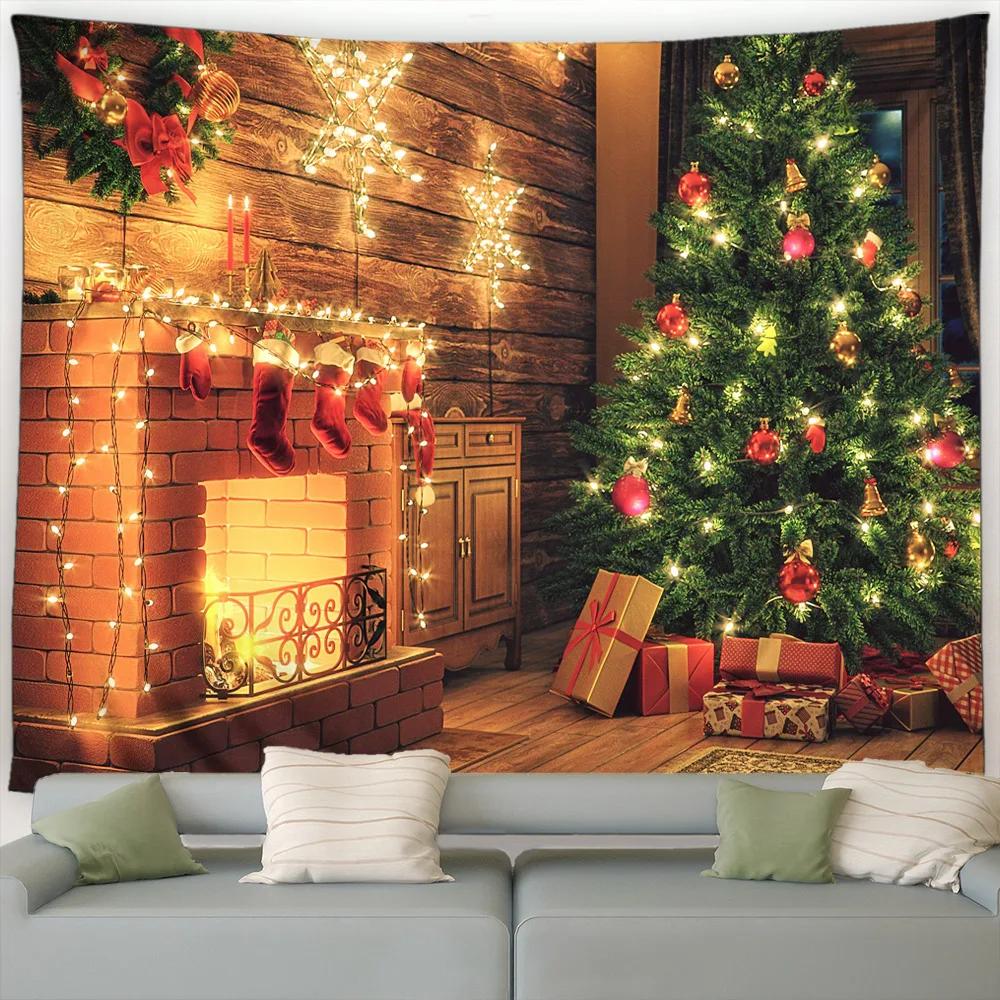 Christmas Fireplace Tapestry Xmas Tree Garland Gifts New Year Wall Hanging Home Living Room Bedroom Courtyard Decoration Mural