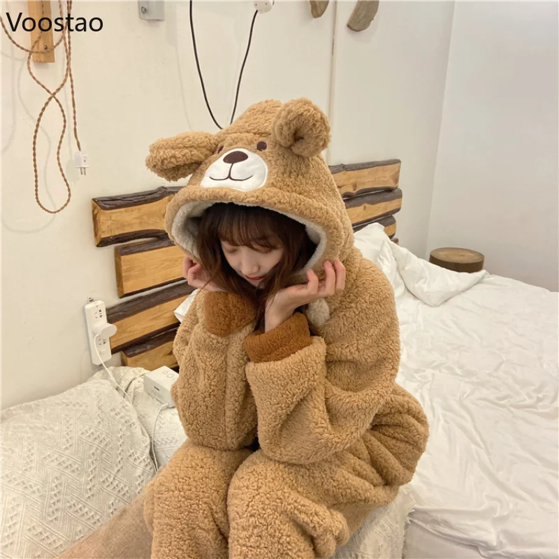 Cartoon Bear Ears Hooded Onesies Women Warm Cute Pajamas Autumn Winter Kawaii Female Nightwear Jumpsuit Coral Fleece Homewear