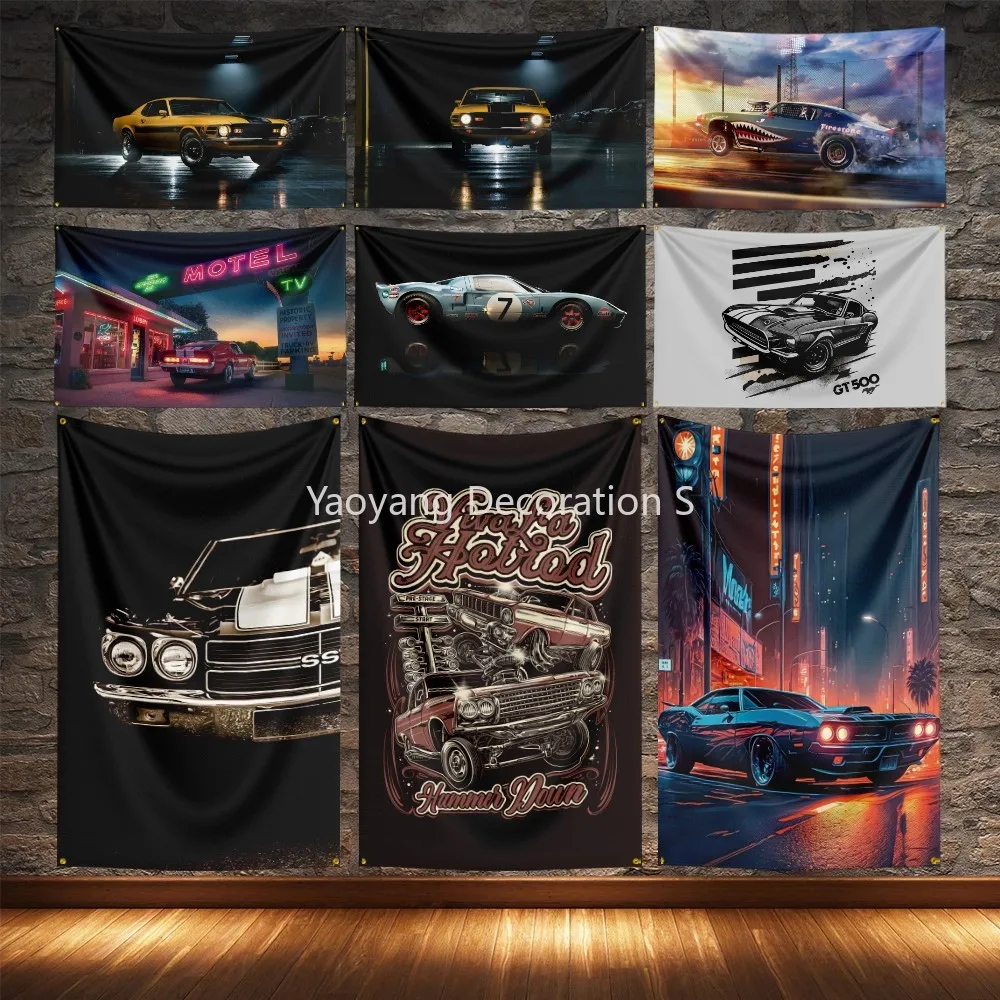 

Horsepower Modified Super Racing Car Flag Polyester Digital Printing Vintage legendary cars Banner