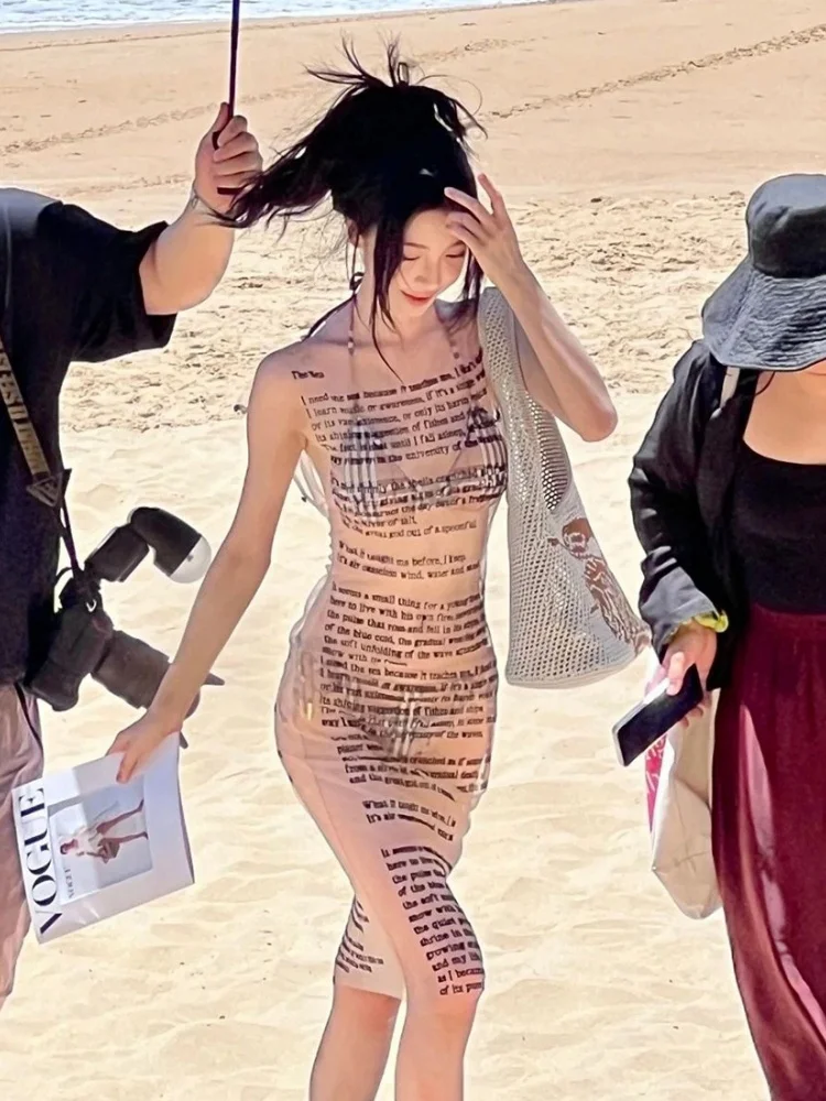 Abito aderente con stampa di lettere per le donne Copricostumi da spiaggia Maglia trasparente One Piece Y2k Vestiti Abiti senza maniche De Mujer