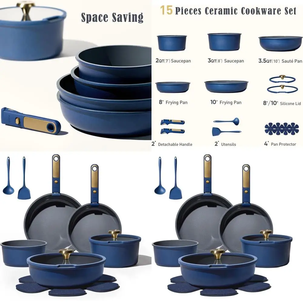 

Non-Toxic Blue & Gold 15-Piece Ceramic Cookware Set with Detachable Handles, PFAS-Free, Dishwasher Safe, Nonstick, Induction Com