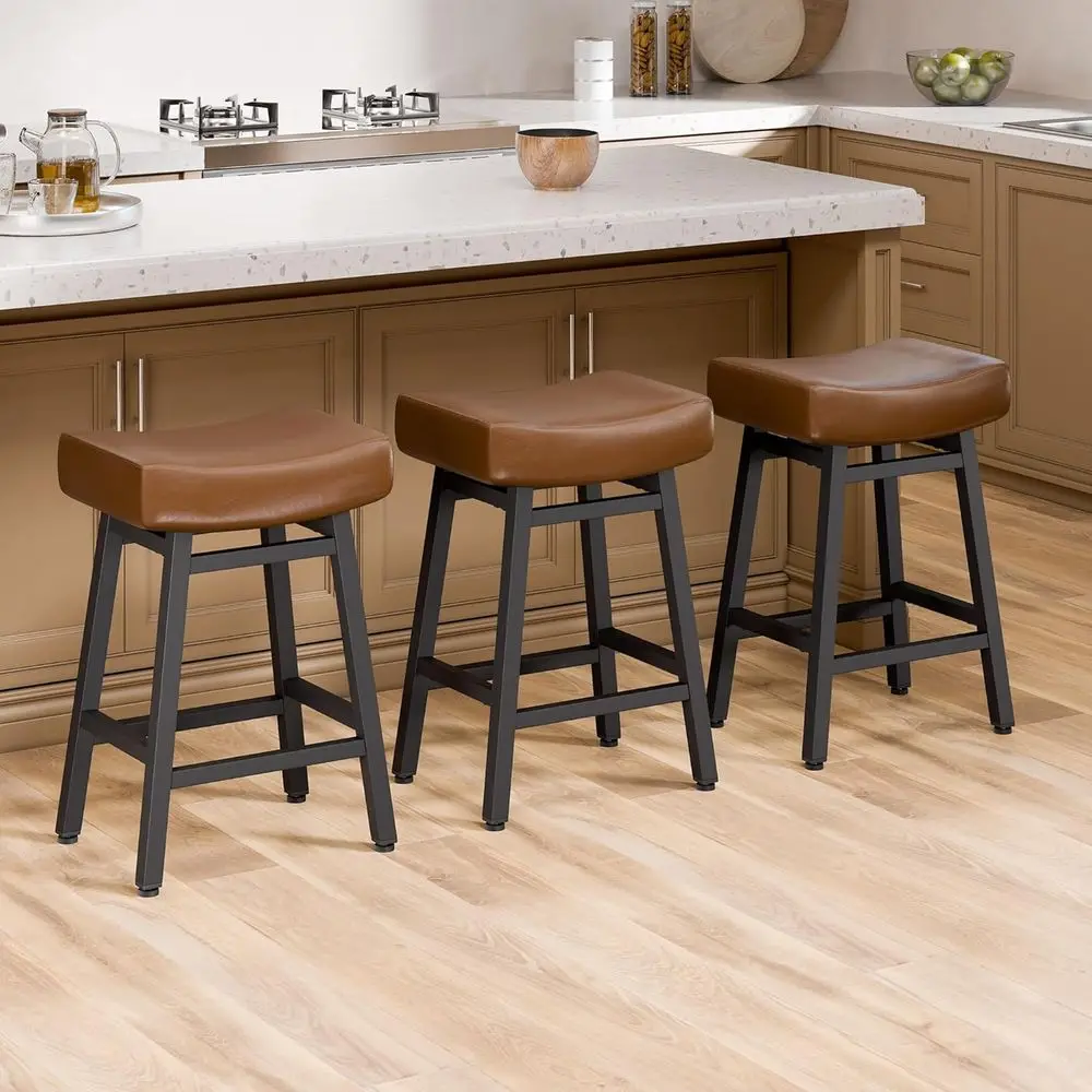 

Комплект из 3 барных стульев для барной стойки, 24 дюйма, с кожаной обивкой, для кухонного острова, с 4-мя толстыми сиденьями из экокожи