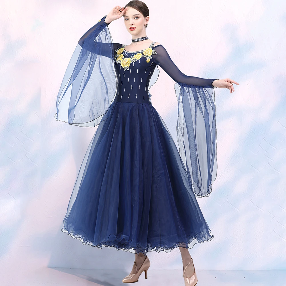 Tirantes fiesta vestidos de baile de salón serpentinas faldas de Flamenco vestidos de competición estándar de alta calidad vestido largo azul marino