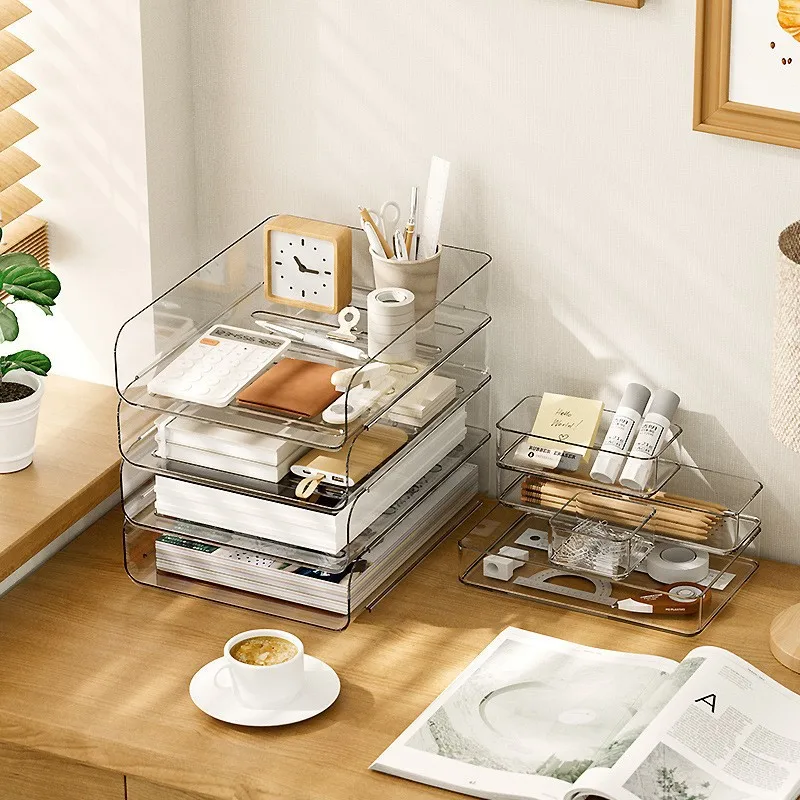 Transparent Stackable Desktop Storage Box A4 Paper File Organizer Clear Office Document Tray Stationery Book Shelf Holder
