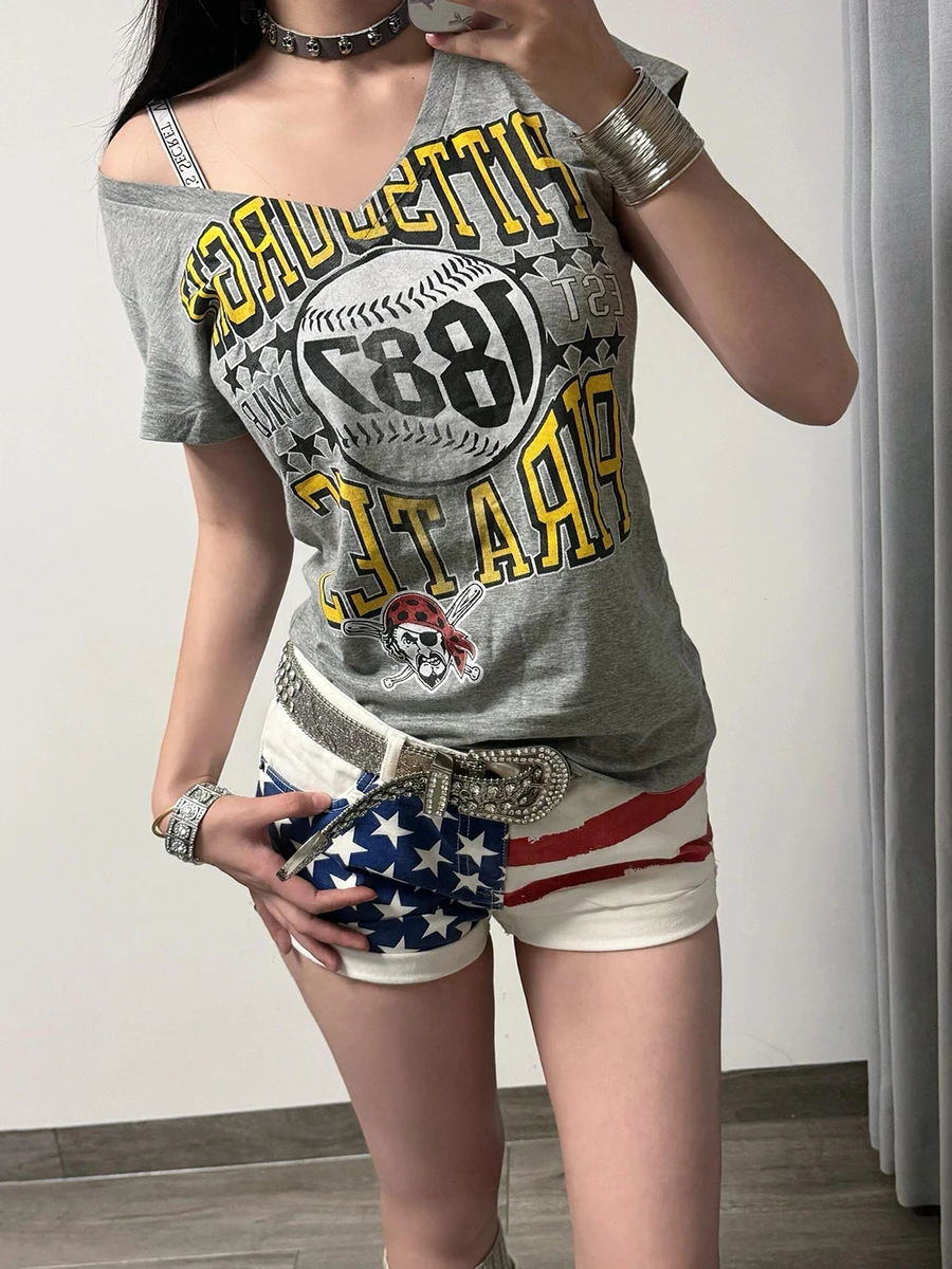 ReddaChic Star Y2k Women Rolled Denim Shorts Summer US Flag Print Color Block Slim Low Waist Bootypants Sexy Vintage Clothes