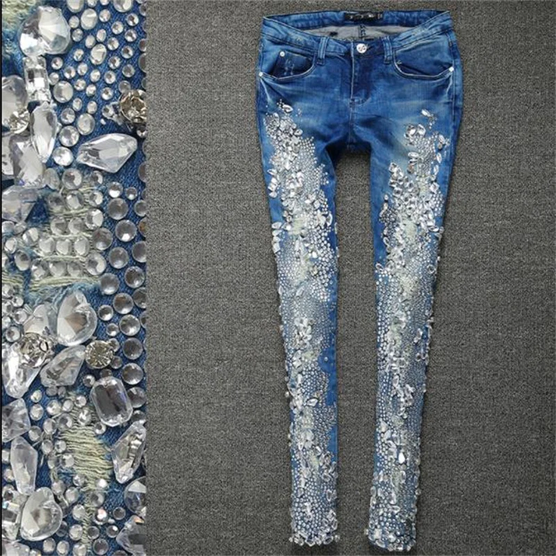 Women Rhinestones Diamond Denim Jeans Skinny Stretch Pencil Slim Vintage Casual Pants