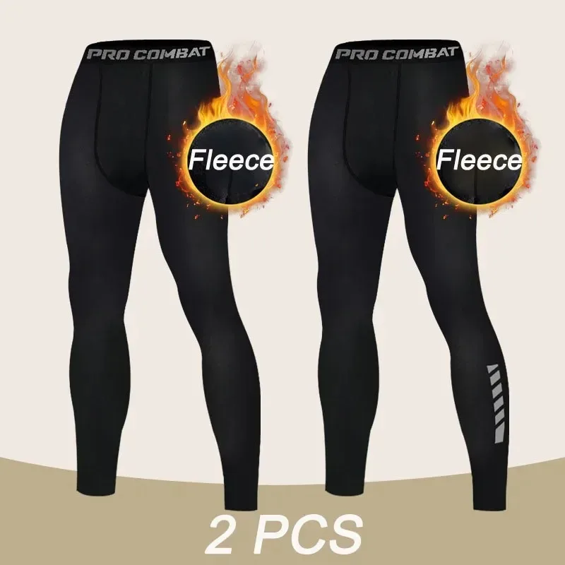 Mens Warm Compression Leggings 1-2 Pcs Sport Training Pants Dry Fit Running Tights Fitness Basketball Jogging Fleece Trousers