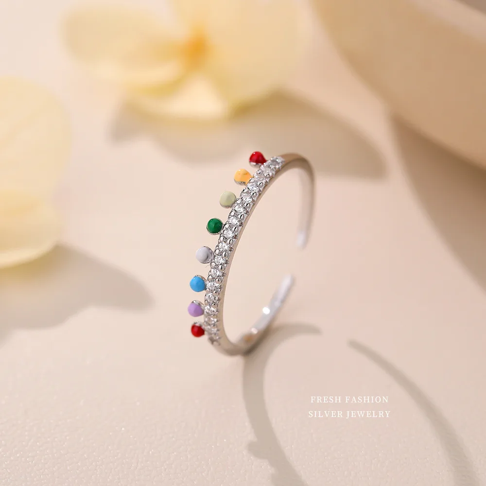 F.I.N.S Rainbow CZ 925 Sterling Silver Finger Rings for Women Slim Drip Glaze Beaded Wedding Engagement Band Fine Jewelry Gifts