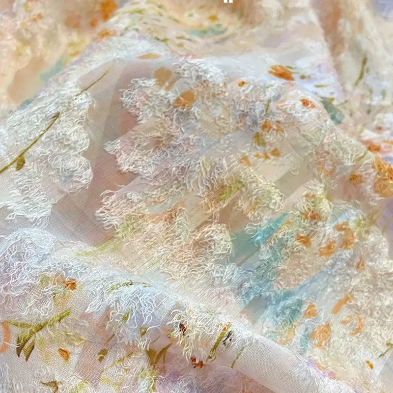 Watercolor Printed Tassel Fabric Chiffon Jacquard Digitally Printing Designer Fabric for Retro Cheongsam Dress Hanfu DIY Sewing
