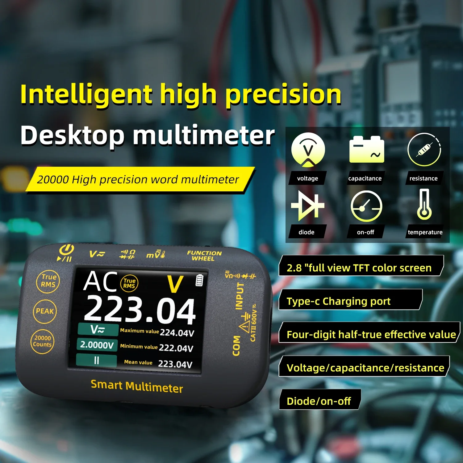 20000Counts Rechargeable Multimeter Portable High-Precision Mini Multitester Resistance Voltage Capacitance Hz Continuity Tester