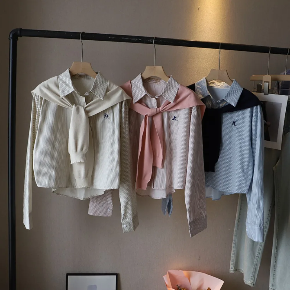 

Y2K полосатые рубашки женские на пуговицах с вышивкой букв рубашки с длинными рукавами свободные в консервативном стиле вязаная блузка с шалью весна осень