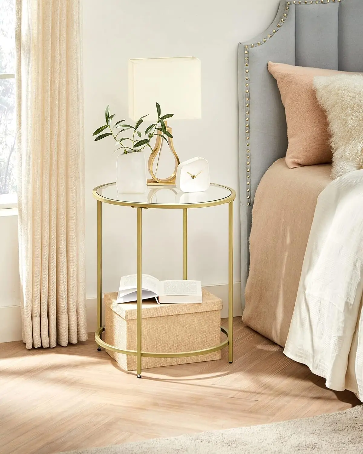 Round Side Tables, Set of 2, Glass End  Metal Frame, Gold Coffee with Modern Style, for Living Room, Balcony, Bedroom,