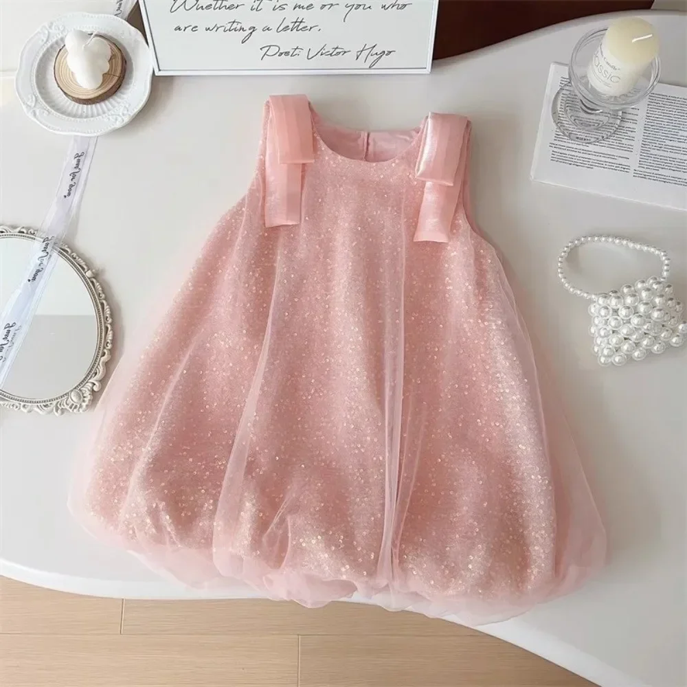 Flower Girl Dress Purple Mesh Sequin Birthday Party Children\'s Clothing Solid Color Vest Kids Dresses for Girls Casual Wear