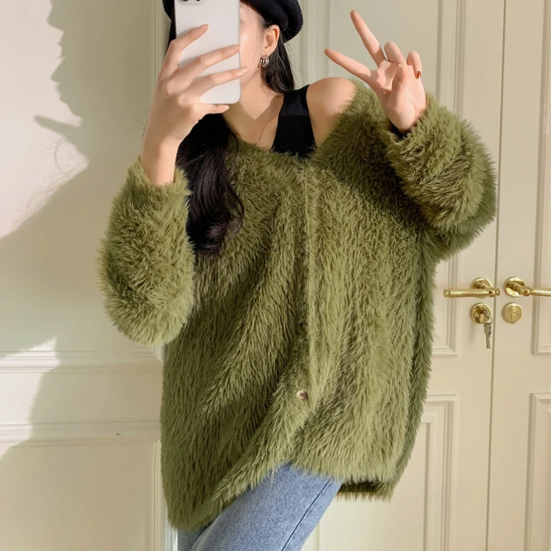 Thick Oversize Fluffy Sweaters Women Synthetic Mink Cashmere Autumn Winter Coat Raglan Sleeve V-neck Knitted Sweater Cardigan