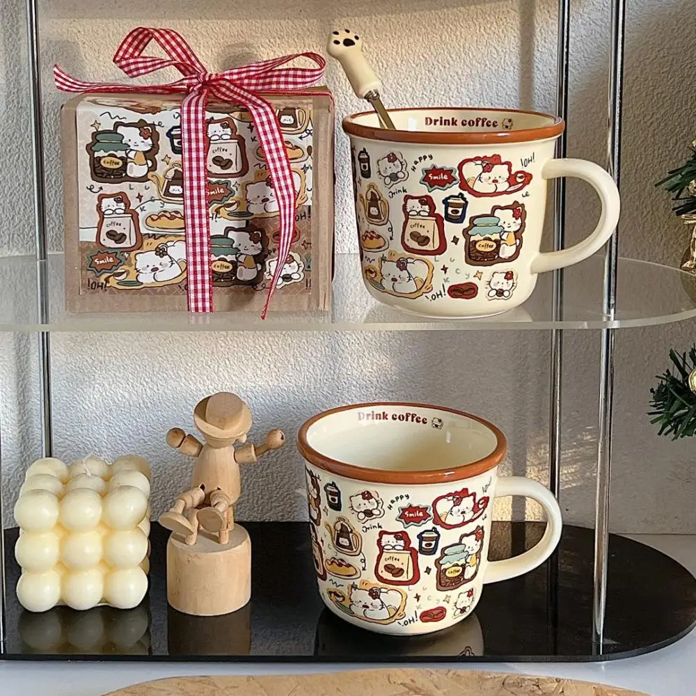 Kawaii Sanrio Hello Kitty Coffee Cup Cartoon Retro Children's Ceramic Mug Breakfast Cup Milk Cup Birthday Gift with Souvenirs