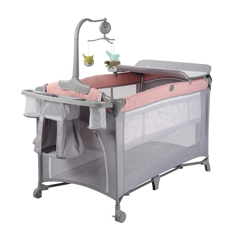 

2023 Hot selling style can be OEM adjustable baby travel folding bed bedside bed crib side bed with wheels and diaper table